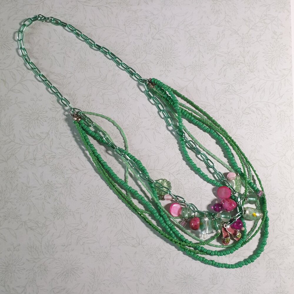 Vintage Green Pink Beaded Necklace Charms Lobster Clasp Closure Up to 25" Long